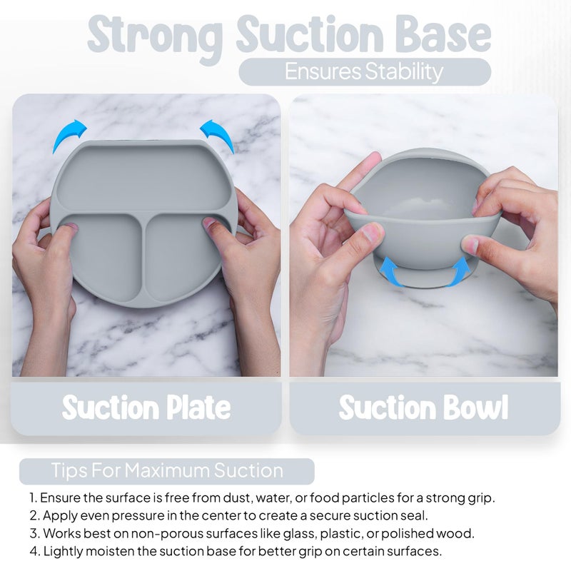 O'doe 11-Piece BPA-Free Silicone Baby Feeding Set | Thick & Soft Suction Plates, Baby Bowls, Wooden Fork & Spoon, and More | Make Mealtime Fun and Easy for Your Little One (Grey, V1) - Image 3